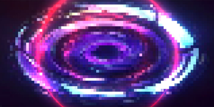 Glitch frame ring with bug distortion and cyan red digital artifacts for futuristic interface. Circular border with noise lines and data corruption effects. Cyberpunk design for tech game overlays.
