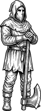 Hooded medieval executioner standing with a large battle axe illustration