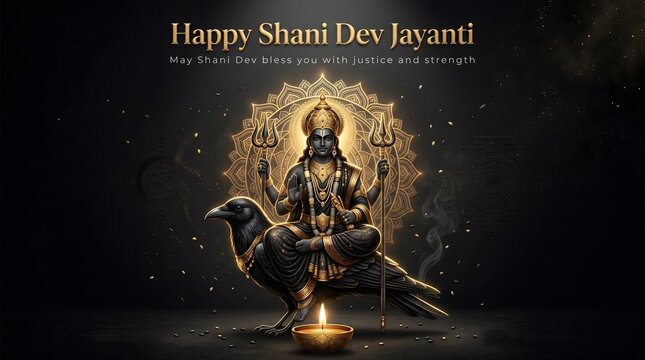 Golden shani dev deity seated on crow vahana with trident illuminated by diya celebrating jayanti