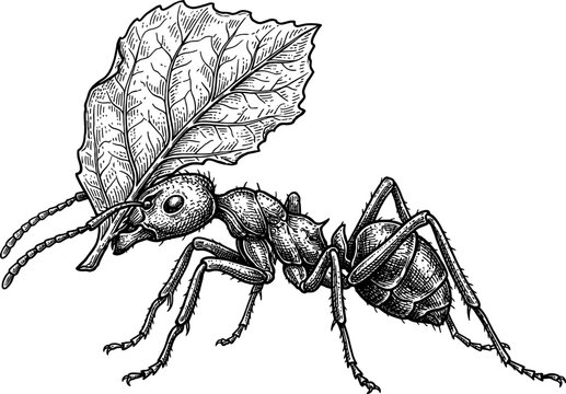 Leafcutter ant carrying a large leaf over its head illustration