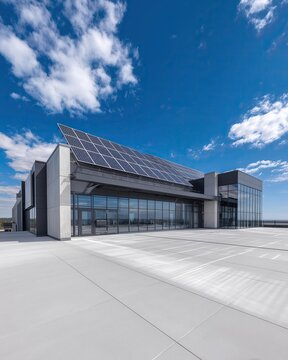 Modern building with solar panels and glass windows under a blue sky with clouds