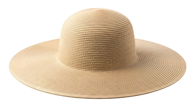 Classic straw sun hat with wide brim, elegant beige summer headwear for beach vacations, stylish woven sun protection accessory on white background