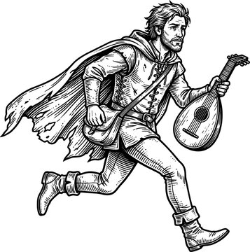 Medieval minstrel running with a lute and cape