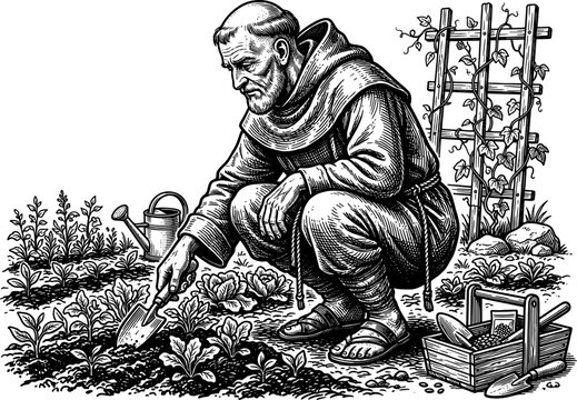 Medieval monk planting seedlings in a monastery garden