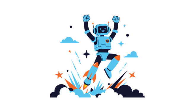 Excited blue robot character launching into the air using rocket boots surrounded by stars and clouds in a dynamic pose.
