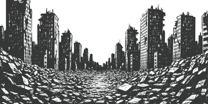 Ruined city street with destroyed buildings and rubble after disaster