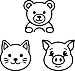 Obraz premium Bear cat pig animal face silhouettes cartoon icon illustration, wildlife artwork design, nature motif concept symbol graphic professional representation