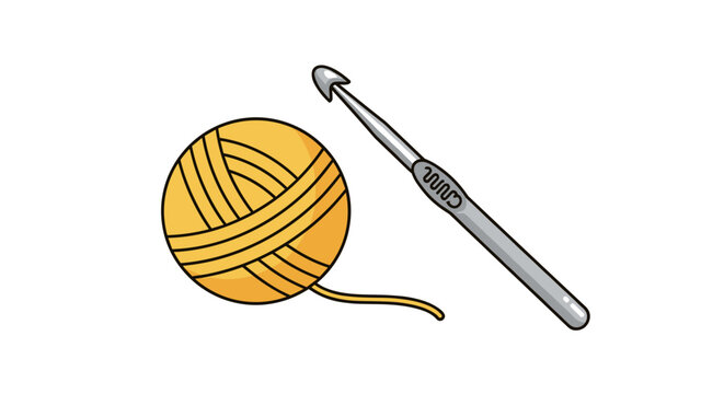Illustration of a crochet hook and a yellow yarn ball on a white background, showcasing crafting essentials with detailed design and simplicity