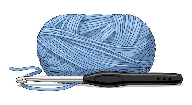 Blue yarn ball with crochet hook illustration on white background, showcasing detailed thread texture and sleek black handle