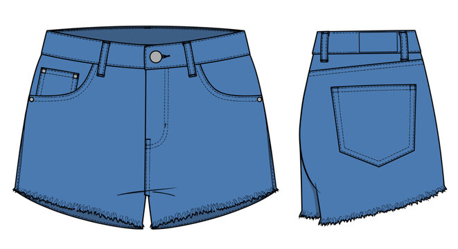Illustration of stylish blue cropped denim shorts with frayed hem, front and back view, detailed stitching, and button closure on white background