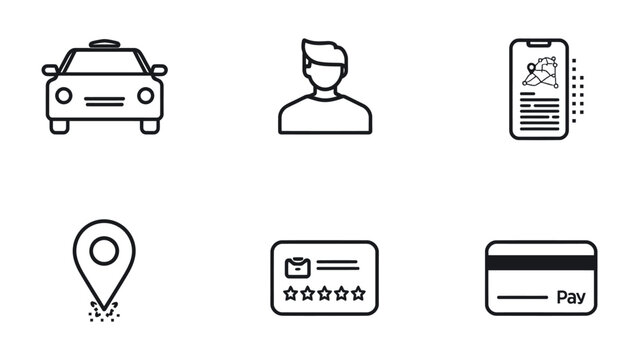 Taxi App Icons: A minimalist design featuring essential icons for a taxi application, illustrating key elements from a car to location marker to payment methods.