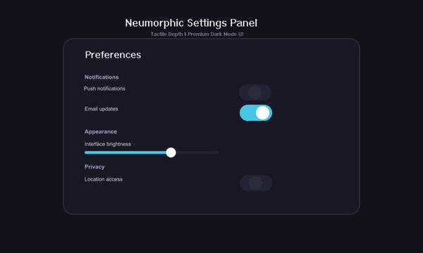 Neumorphic settings panel, UI toggle switch, dark mode interface, user preferences