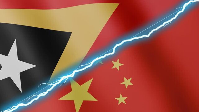 Two waving flags Timor-Leste - East Timor and China with diagonal lightning seamless, 4k loop