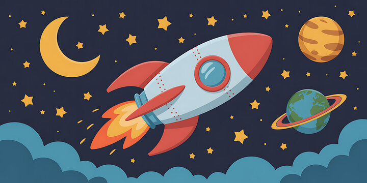 Cartoon rocket ship, space illustration, kids astronomy, educational graphics