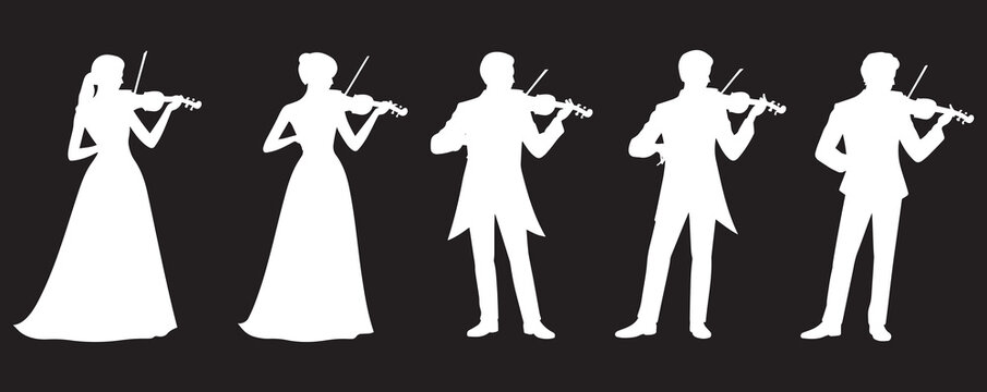 Silhouette of Violinists Ensemble White Musicians on Black Background, Classical Music Concert Vector Set