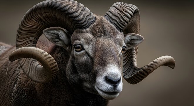 Close-up Portrait of a Majestic Bighorn Sheep Ram with Impressive Curved Horns.