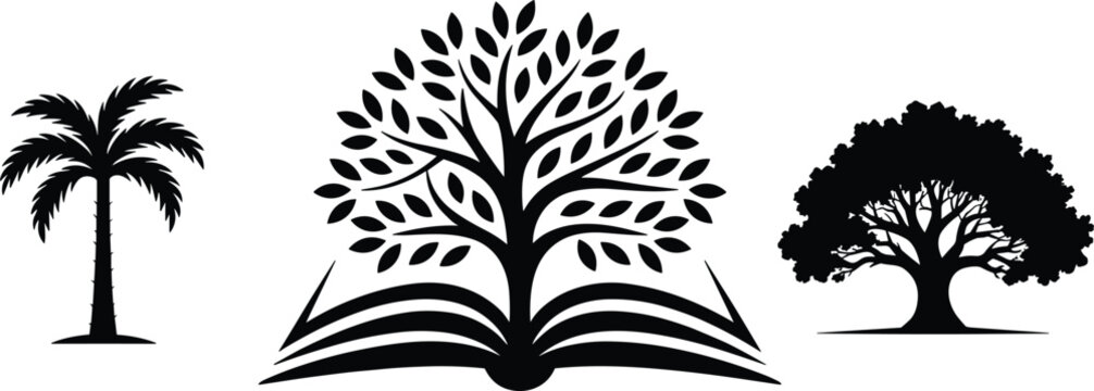 Palm tree book with growing tree and leafy silhouette icons symbolizing nature education and creative knowledge design