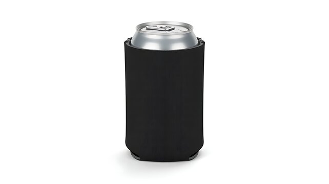 Black neoprene can cooler with a silver can inside isolated on transparent background. A blank koozie mockup template for design. Drink, product, advertising.