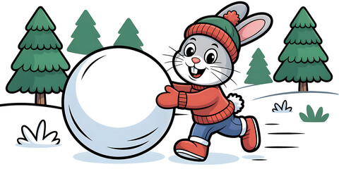 Naklejka premium Cartoon rabbit rolling large snowball, winter fun scene, snow game, Easter character