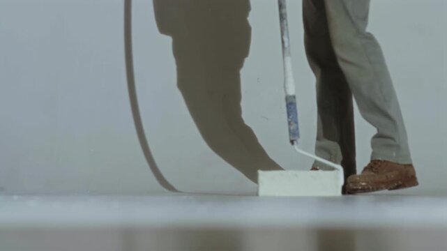 A worker paints a cyclorama white with a roller in a photo studio