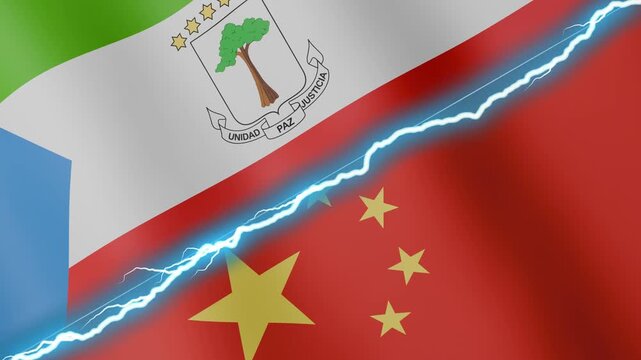 Two waving flags Equatorial Guinea and China with diagonal lightning seamless, 4k loop