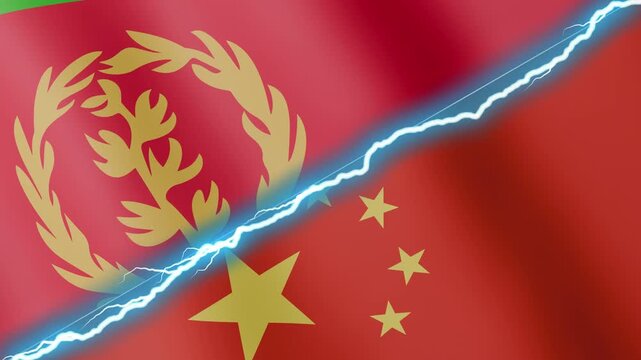 Two waving flags Eritrea and China with diagonal lightning seamless, 4k loop