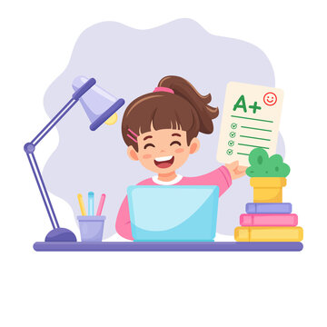 Happy Girl Showing A Plus Grade Studying with Laptop Education Success Illustration