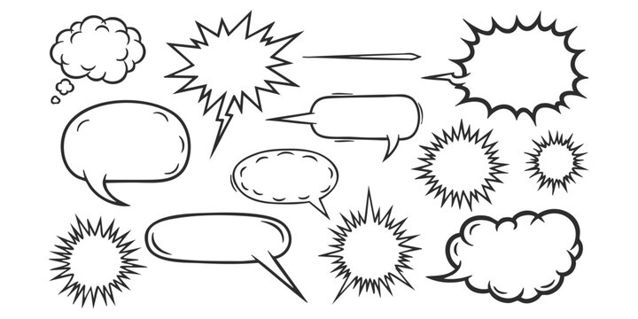 Set of hand drawn comic book speech bubbles and explosion thought clouds in black ink sketch style