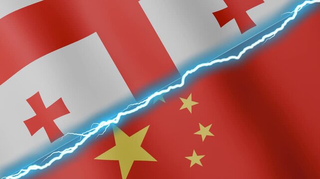 Two waving flags Georgia and China with diagonal lightning seamless, 4k loop
