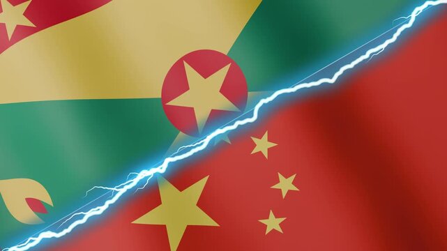 Two waving flags Grenada and China with diagonal lightning seamless, 4k loop