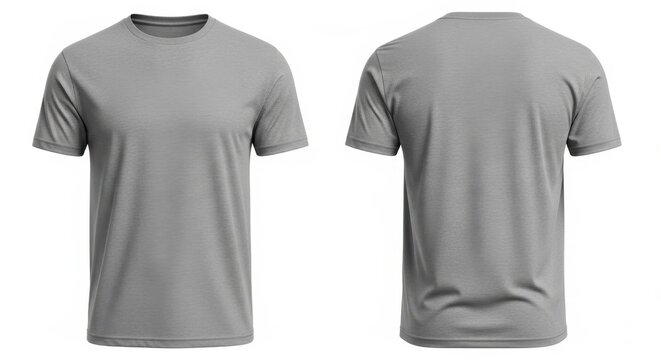 Grey t-shirt mockup, front and back view of a plain light grey cotton crew neck shirt on white