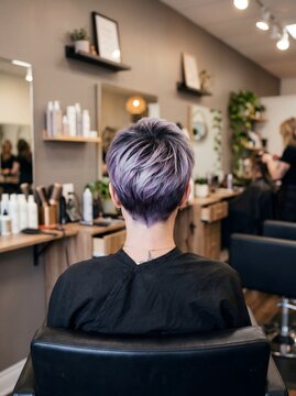 Back view short pixie haircut with purple highlights in modern salon