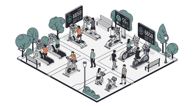 Smart City Outdoor Fitness Park Isometric Illustration with Digital Health Tracking and Workout Equipment