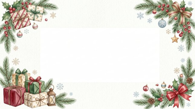 Festive watercolor Christmas frame: pine, holly, gifts, ornaments, light bkg