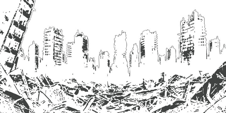 Ruined city skyline with destroyed buildings and rubble in a post apocalyptic landscape sketch