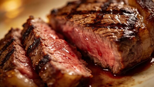 Medium rare steak close view, delicious beef with texture moisture and seared crust