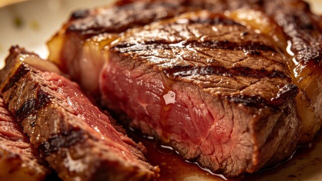 Medium rare steak food photography, sliced beef with rich color and grill texture