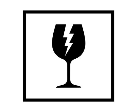 Vector black packaging warning label: fragile broken wine glass icon.