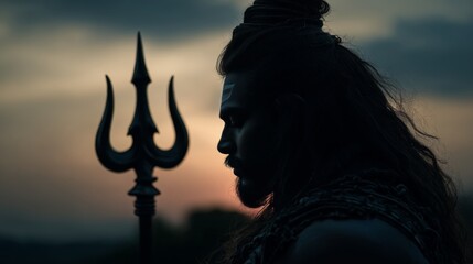 Fototapeta premium Figure holding a trident stands against the sunset during a religious ceremony honoring deities in nature
