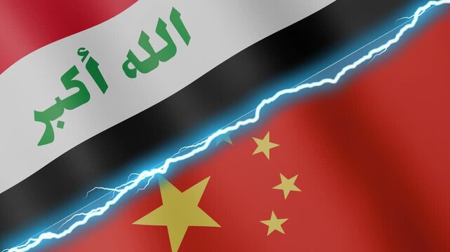 Two waving flags Iraq and China with diagonal lightning seamless, 4k loop