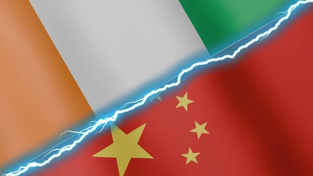Two waving flags Ivory Coast and China with diagonal lightning seamless, 4k loop