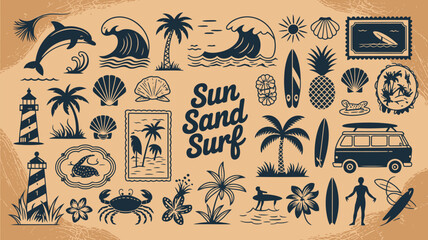 A vintage style collection of summer themed illustrations and beach elements © Outline Icon Set