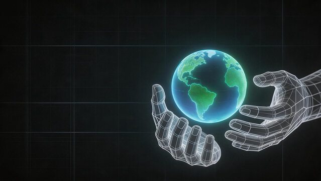 Abstract 3D wireframe hands gently holding a glowing holographic earth globe, ESG sustainability and corporate responsibility concept.