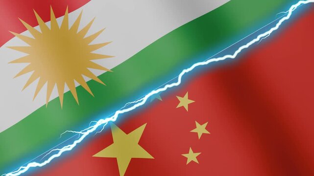 Two waving flags Kurdistan and China with diagonal lightning seamless, 4k loop