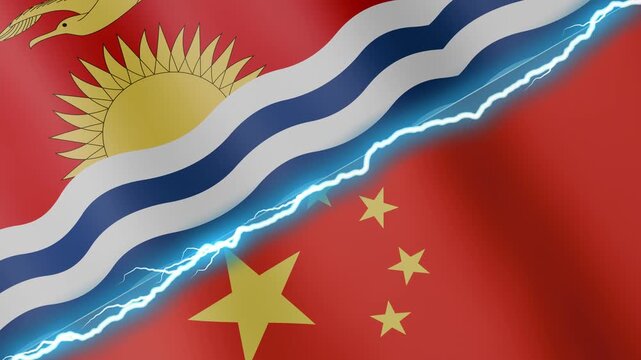 Two waving flags Kiribati and China with diagonal lightning seamless, 4k loop