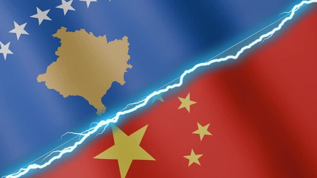 Two waving flags Kosovo and China with diagonal lightning seamless, 4k loop