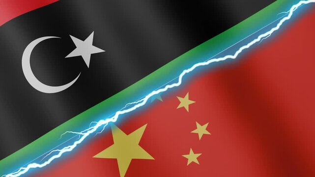 Two waving flags Libya and China with diagonal lightning seamless, 4k loop