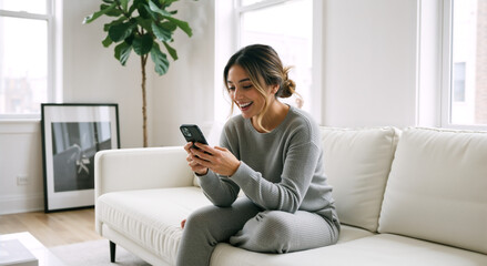 Obraz premium Young woman sitting on a white sofa using a smartphone. Happy female relaxing at home in a bright living room