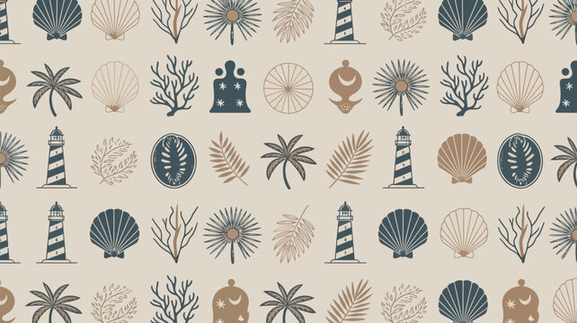 Seashells lighthouses and palm leaves a repeating coastal pattern design