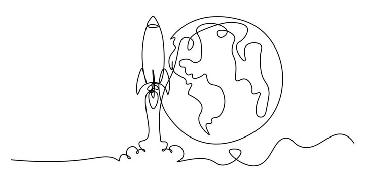 Continuous one line of a rocket merging into globe, symbolizing global startup expansion in editable stroke, style hand drawing vector illustration.